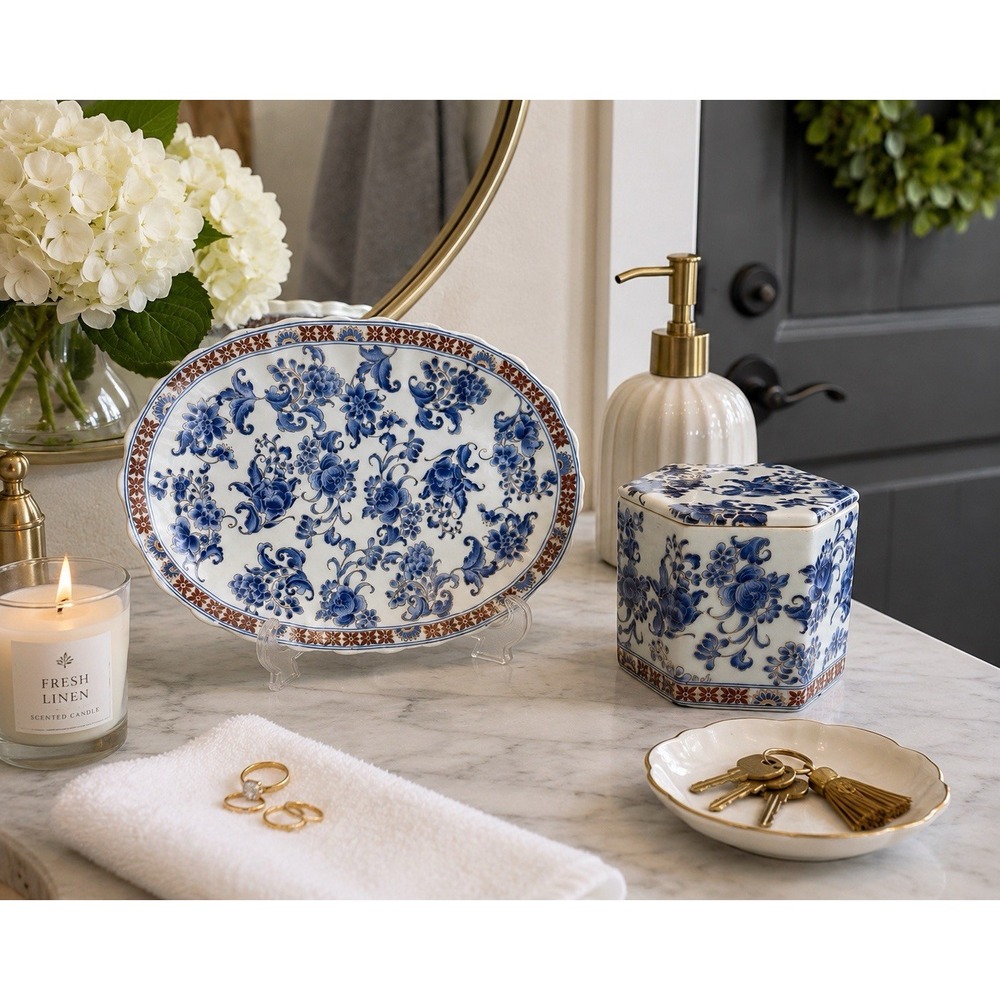 Blue & White Floral Porcelain Decorative Tray and Covered Box Set